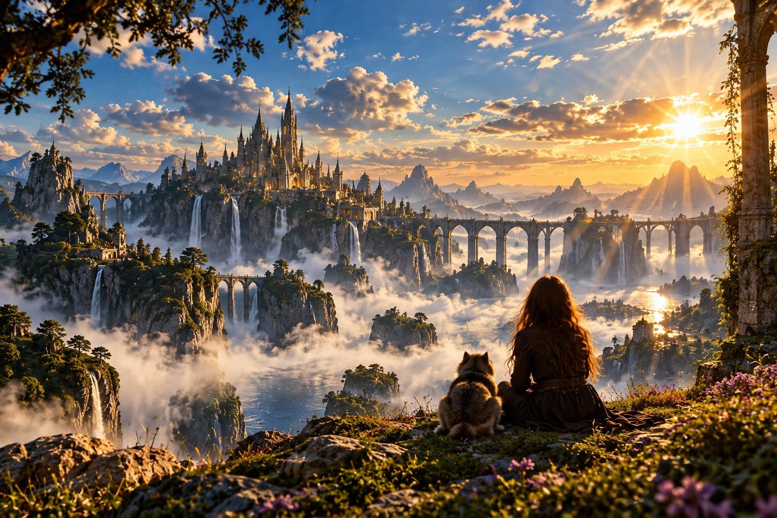 Woman and dog on a cliff overlooking a mystical citadel with waterfalls and bridges