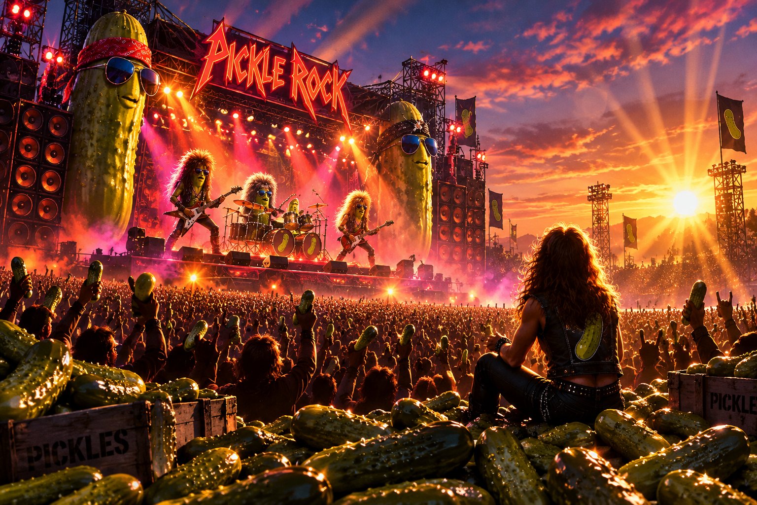 Pickle Rock concert stage at sunset, pickle band performing for a crowd
