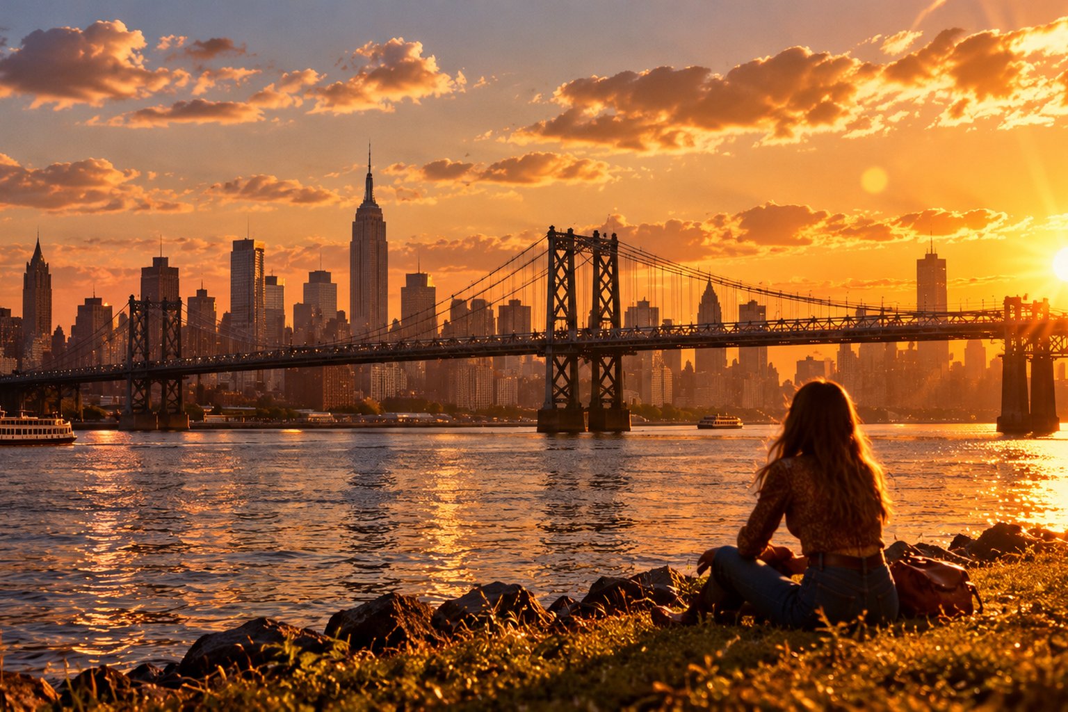Woman sitting by a river at sunset, city skyline and bridge behind her