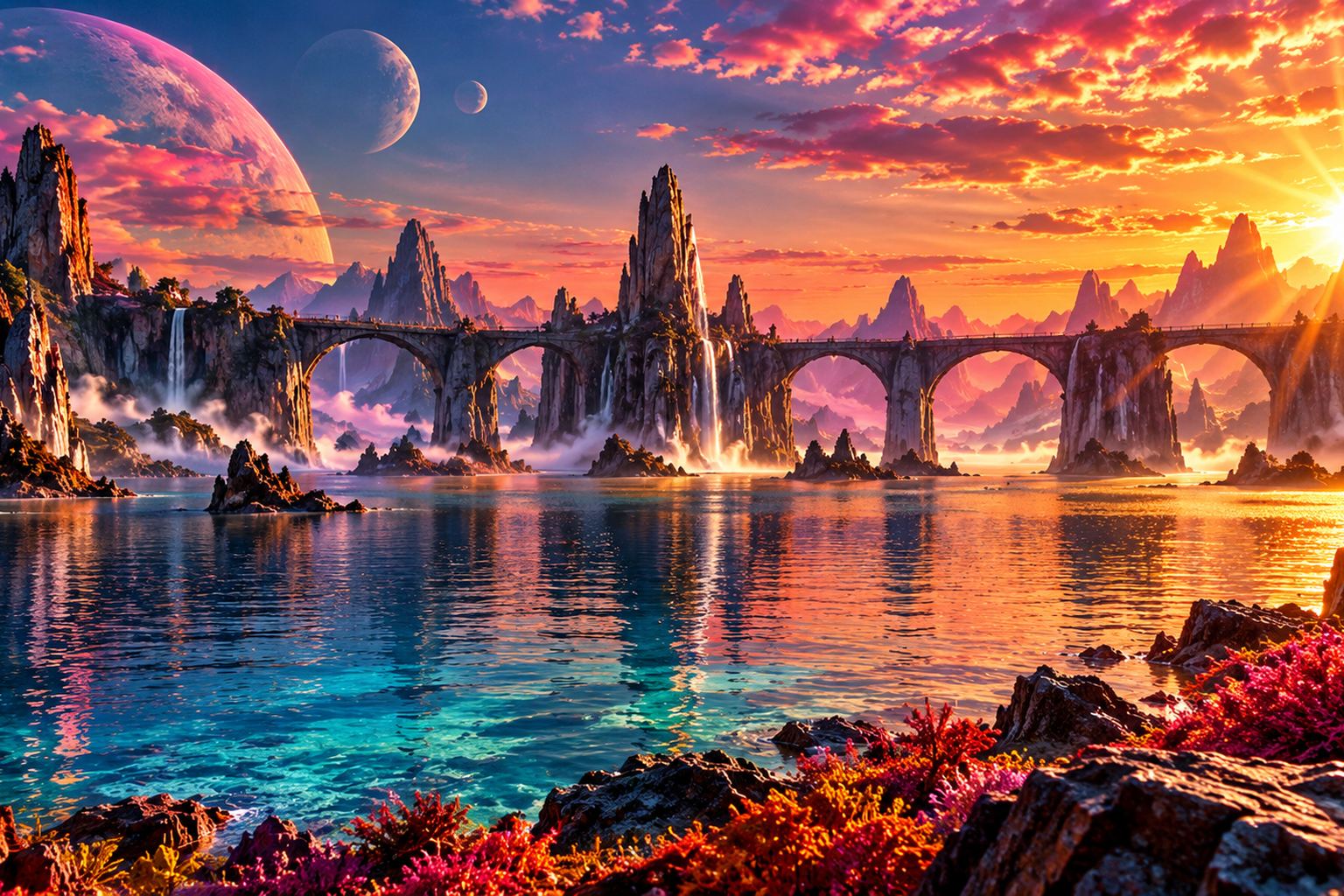 Alien landscape with stone bridges, waterfalls, and planets in a pink sky