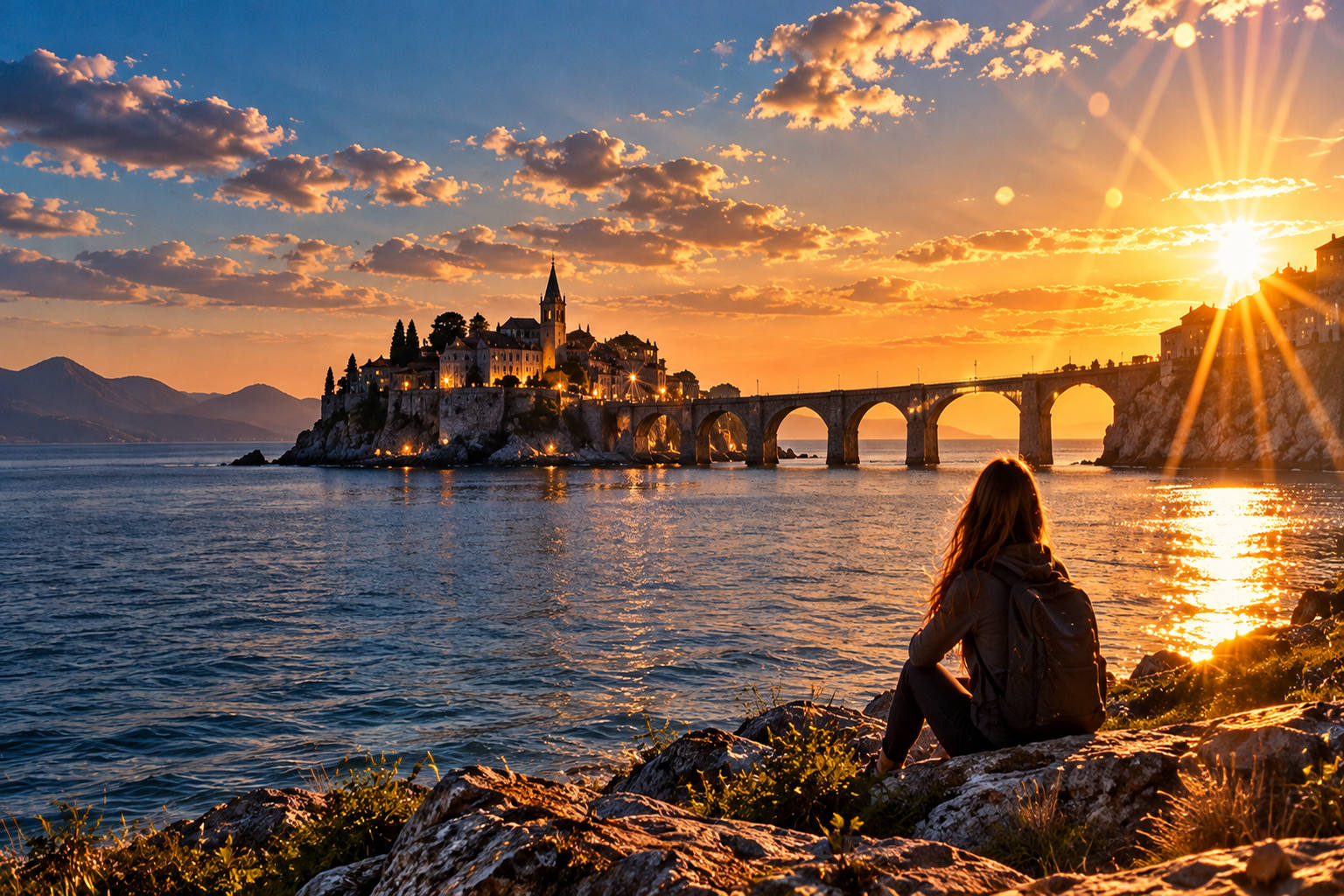 Woman on rocks looking at a coastal town and arched bridge at sunset