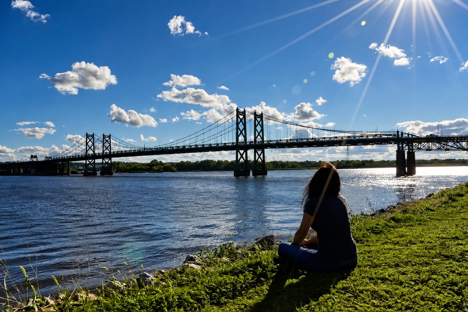 Woman sitting by a river looking at a suspension bridge