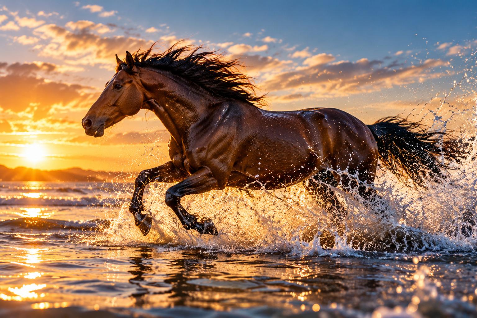 Horse galloping through surf at sunset