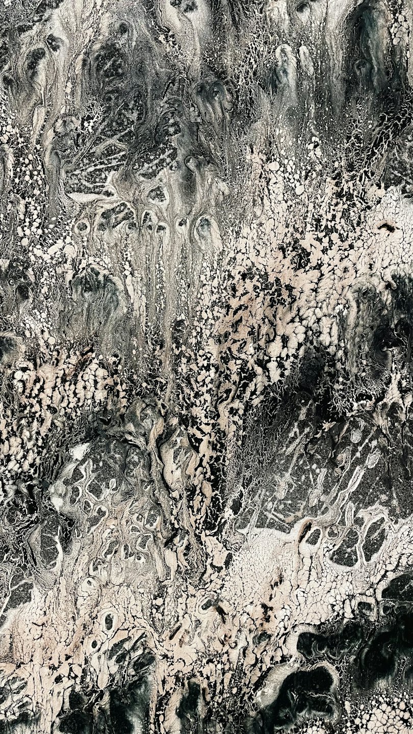 Abstract fluid painting with swirling black white and grey textures.